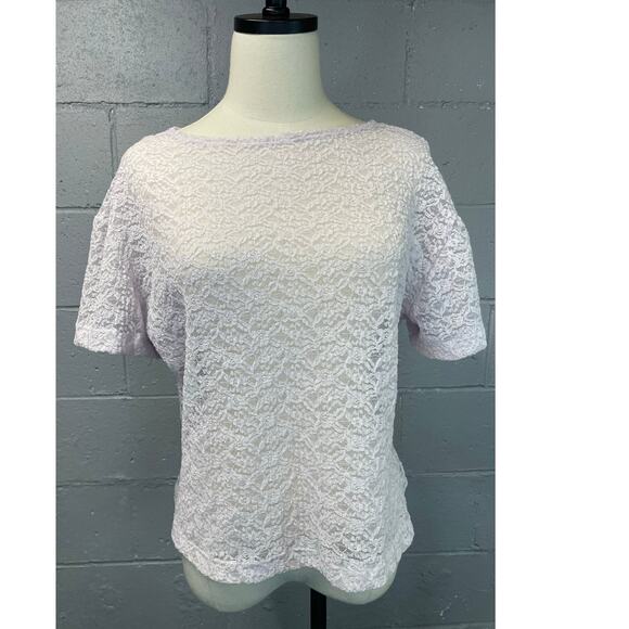 Vintage 1980s Stretch Lace T-shirt Pale Lavender Large - Picture 2 of 8
